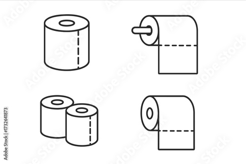 Toilet paper thin line icon set. Vector symbols for bathroom, hygiene, and sanitary needs. Minimalist outline pictogram collection. Editable stroke for web and app design.