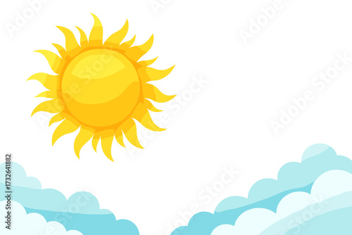Summer sale background with sun and clouds for print, web design, banners. Sunny day weather concept. Vector illustration with copy space. Cartoon sky with bright sunshine.