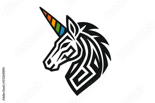 Stylized geometric unicorn head illustration. Vector icon with tribal patterns and a colorful rainbow horn. Mythical creature for logo, fantasy, or pride concepts. Isolated.