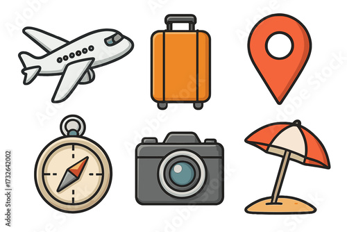 Travel icon set for vacation and tourism. Flat cartoon vector collection with airplane, luggage, location pin, compass, camera, beach umbrella. For holiday and adventure.