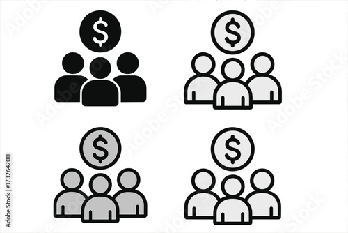Crowdfunding icon set in 4 styles. Group of people with a dollar symbol. Concept for crowd funding, business investment, startup financing, donation, and financial partnership. Vector.