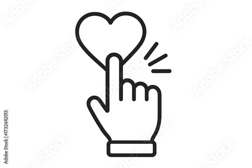 Hand pointer clicking a heart icon. Social media like button concept for user engagement. Vector linear illustration for customer feedback, approval and online dating app love symbol.