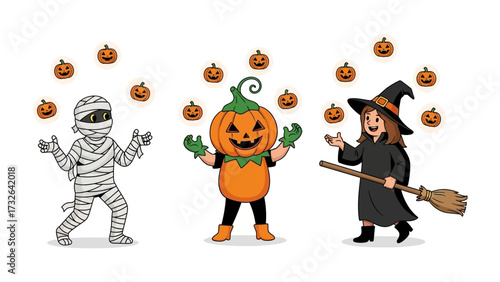 Spooky Halloween Characters with Pumpkins: Spooky Halloween characters with Jack-o'-lanterns are throwing pumpkins in the air.