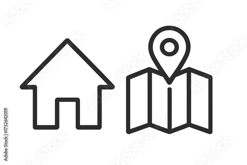 House and map with location pin icon set. Home address, property search, real estate concept. Geolocation, destination, and navigation symbol. Simple outline vector illustration.