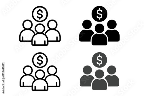 Crowdfunding icon set. Group of people with money symbol for fundraising, investment, or donation. Vector icons for startup capital, community funding, and business finance.