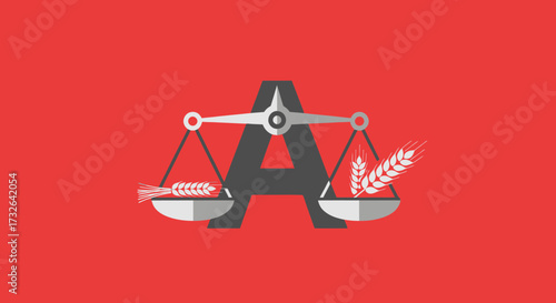 Graphic of balance scales, wheat, & letter 'A'