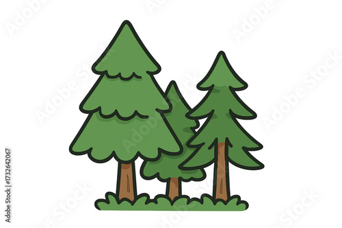 Set of cartoon pine trees in a forest. Simple flat vector illustration. Fir tree icons for nature, park, environmental, and outdoor concepts. Woods graphic element isolated.
