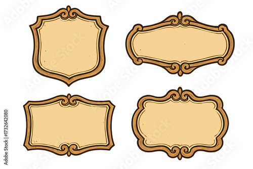 Set of vintage frames in classic baroque style. Collection of retro decorative borders and labels. Ornate, elegant design elements for banners, tags, or emblems. Old antique vector insignia.