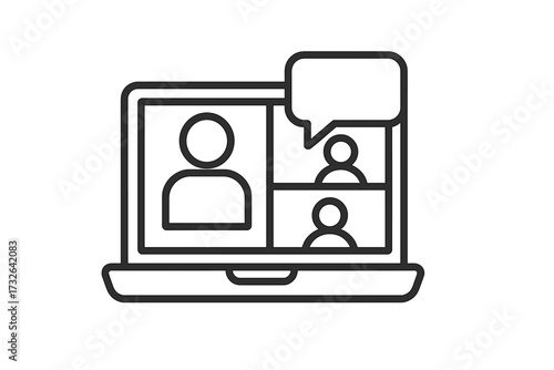 Video conference line icon. Vector illustration of a laptop with people on screen. Concept for online meeting, webinar, remote work, e-learning, and virtual communication.