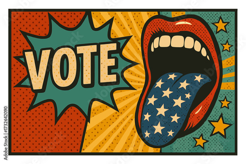 Vote pop art banner for US elections. Screaming mouth with patriotic American flag tongue. Retro comic book style vector illustration. Political protest, freedom of speech concept.