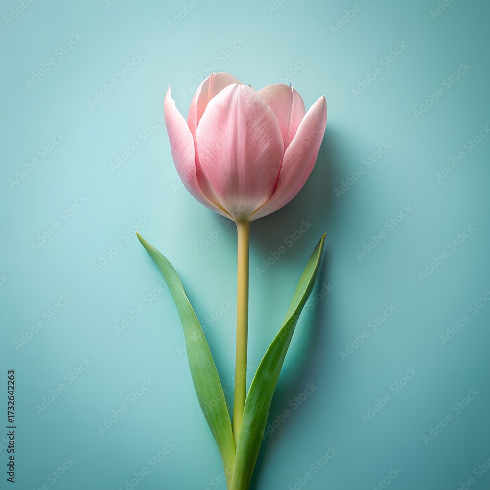 Naklejka premium Single Pink Tulip Flower on a Light Blue Background Minimalist Floral Art