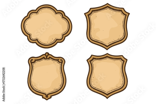 Set of vintage frames. Collection of retro labels and shields with antique paper texture. Classic old border for certificate or emblem. Vector illustration on white background.