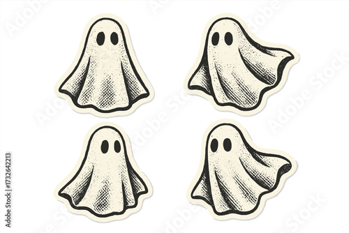 White sheet ghost on Halloween. Halftone mixed media collage paper sticker. Dotted vintage illustration in 90s zine style. Spooky paper piece character for retro design.
