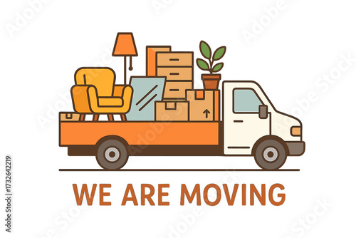 We are moving lettering. Truck with furniture and cardboard boxes concept. Relocation to a new home or apartment. Delivery service van for moving day. Transporting property.