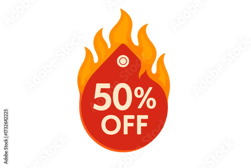 Hot sale 50 percent off discount banner. Red price tag with fire flame. Special offer promotion badge. Marketing advertising label for shopping. Vector illustration design.