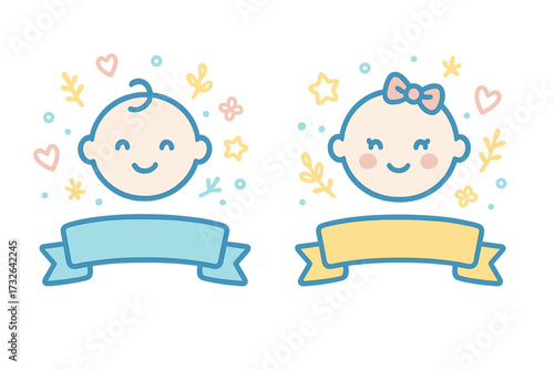 It's a boy and It's a girl gender reveal vector icon set. Cute cartoon newborn baby faces for baby shower invitation. Minimal linear graphic elements with ribbon banner.