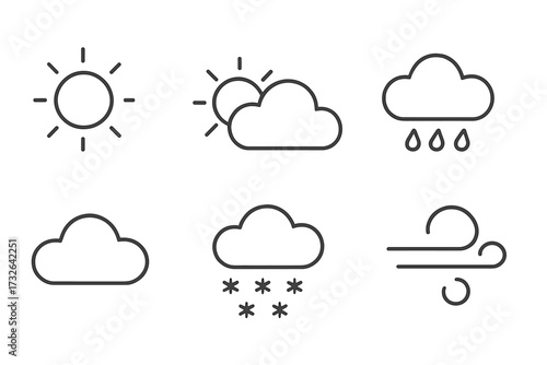 Weather icon set in a simple linear outline style. Vector illustration collection of pictograms for weather forecast, app, and web. Minimalist symbols for sun, cloud, rain, snow, wind.