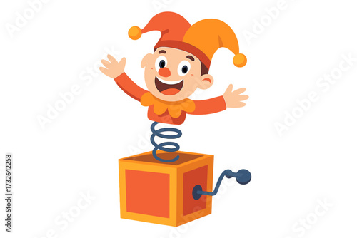 Jack in the box clown springing out. April Fools' Day surprise. Happy jester character popping from a gift box toy for a prank. Funny cartoon vector for holiday celebration.