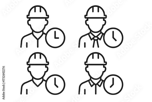 Worker time management icon set. Builder with clock symbol. Construction project deadline and schedule concept. Engineer working hours linear vector pictogram illustration.