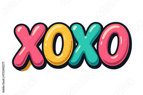 Xoxo hugs and kisses lettering. 3D bubble letters in vintage comic pop art style. Groovy typography sticker for Valentine's day. Love message symbol. Cute cartoon vector design.