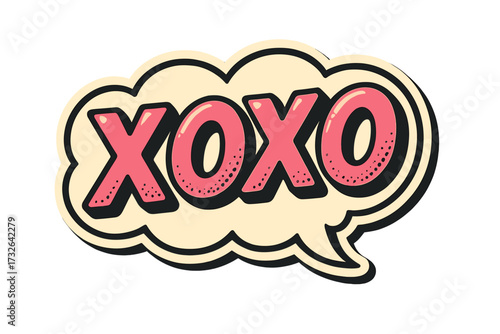 XOXO hugs and kisses retro comic sticker. 3D pop art bubble lettering. Cute girly Valentines Day message. Vintage love symbol in speech balloon for social media post.