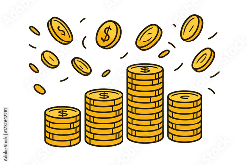 Stacks of gold coins and falling money. Vector icon. Business success, finance, investment, wealth concept. Cash savings, profit growth, salary, income, revenue increase.