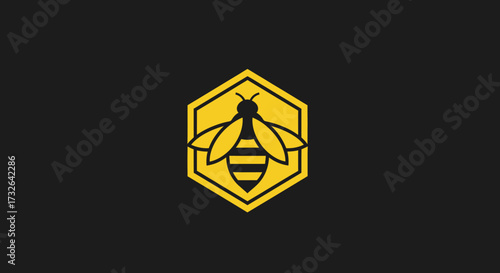 A bee icon on a yellow honeycomb, dark background