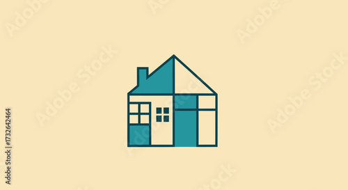 Two-tone outlined house with windows and chimney on cream background