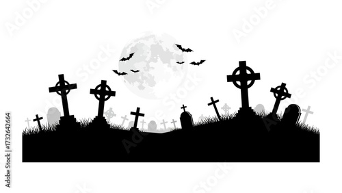 Night of Whispers: Eerie silhouettes of tombstones and crosses stand on a moonlit hillside. Spooky bats flutter against a pale sky, an unsettling scene that evokes the solemnity of remembrance. 