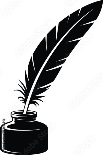 Black Silhouette of a Quill Pen in an Inkwell writing
