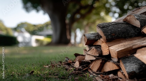 Wallpaper Mural Logs are neatly piled on the ground, surrounded by brown grass and sunny clear skies, creating a rustic outdoor atmosphere Torontodigital.ca