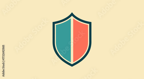 Shield divided vertically, teal and coral on light tan ground