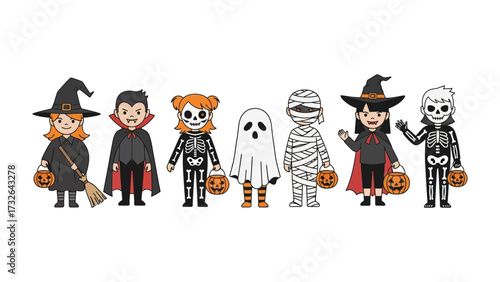 Halloween Characters in a Row: A charming ensemble of Halloween characters stand in a row, each with their unique costumes, adding a fun and spooky touch.