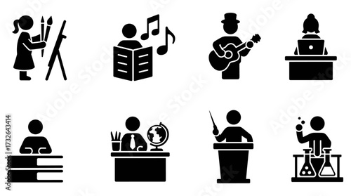 UntitlEducation activity silhouettes, creative learning icons, art music science illustration, online study concept, teaching lecture, student reading, classroom education designed-28 [Recovered]