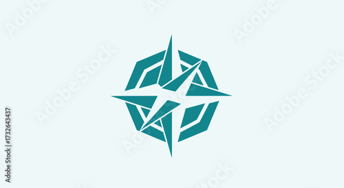 Angular teal compass rose design with geometrical shapes, on a light background