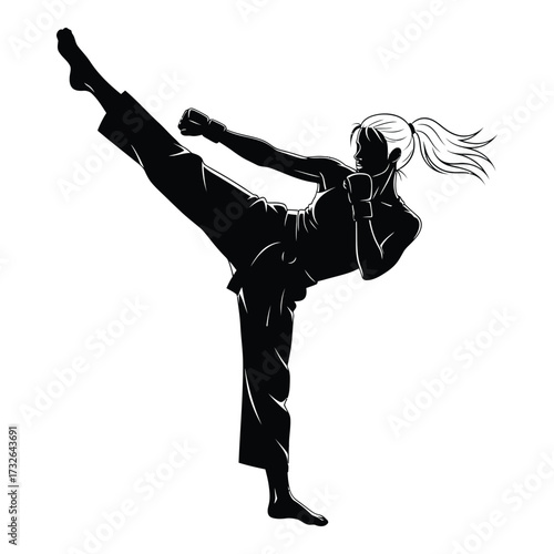 Dynamic silhouette of a female martial artist performing a powerful high kick in combat training silhouette