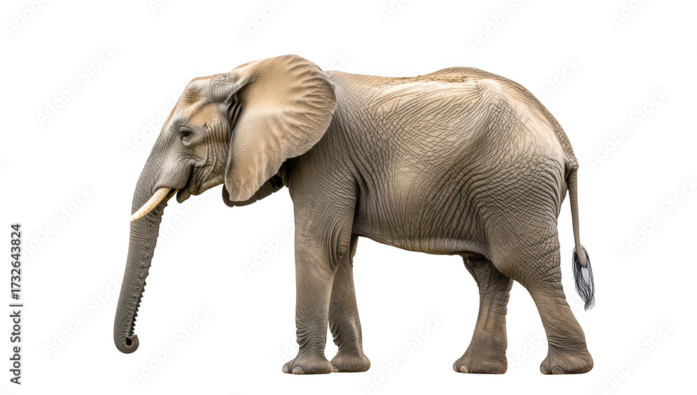 Fototapeta premium A majestic elephant standing gracefully against a plain white background. its large ears and trunk. symbolizing wildlife conservation and natural beauty