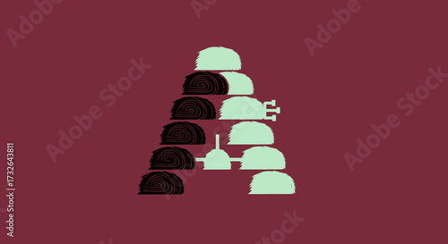 Abstract shapes, textured domes, arranged in a pyramid with a dark red background