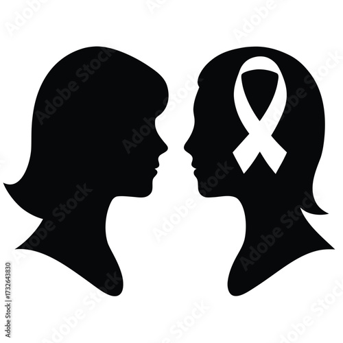 Two female profiles facing each other with awareness ribbon in one silhouette