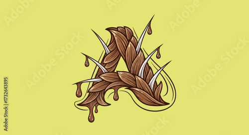 Stylized letter A formed of leaves, thorns and dripping liquid on yellow
