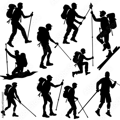 Silhouettes Hiking Vector ,  Hiker Silhouette Vector, Mountaineer Vector,  Mountain Climber Vector