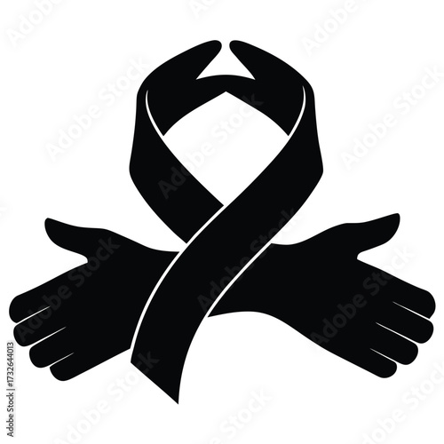 Black awareness ribbon intertwined with two open hands on white background black ribbon support