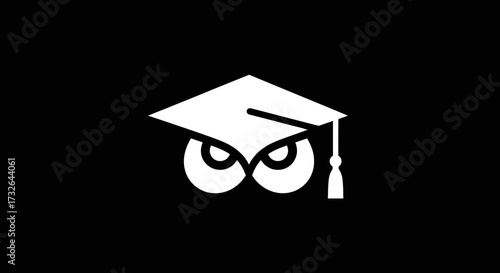 Owl eyes peek under mortarboard in white on black background