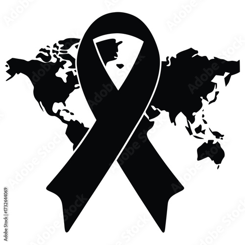 Black awareness ribbon superimposed over a world map silhouette globe