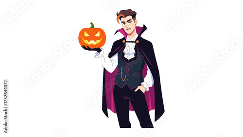 Halloween Vampire with Pumpkin: A dashing figure embodying the spirit of Halloween, dons a vampire costume complete with a cape, clutching a carved pumpkin with an eerie glow.