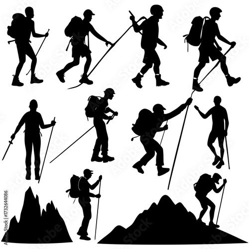 Silhouettes Hiking Vector ,  Hiker Silhouette Vector, Mountaineer Vector,  Mountain Climber Vector