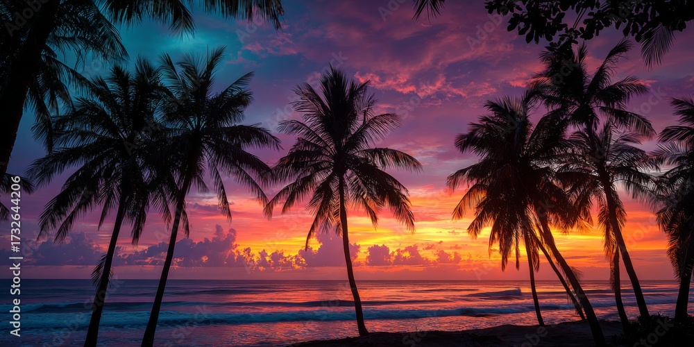 Obraz premium Vibrant Sunset Over Silhouetted Palm Trees and Ocean Waves with Colorful Sky
