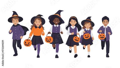 Halloween Kids Trick or Treat: A group of children, adorned in festive costumes, energetically engage in the cherished Halloween tradition of trick-or-treating.