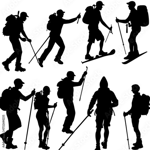 Silhouettes Hiking Vector ,  Hiker Silhouette Vector, Mountaineer Vector,  Mountain Climber Vector