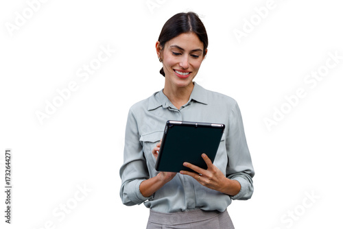 Фотография Businesswoman smiling while using digital tablet, navigating online content for